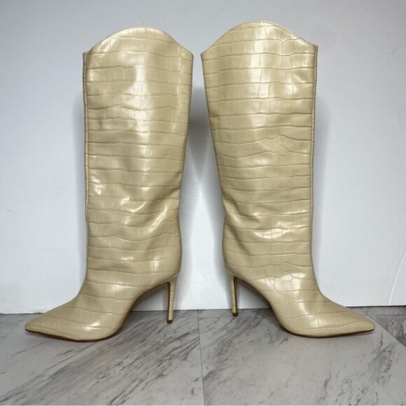 Schutz Maryana Eggshell Croc Embossed Leather Tall Heeled Boot 8 1/2 B - Picture 8 of 16